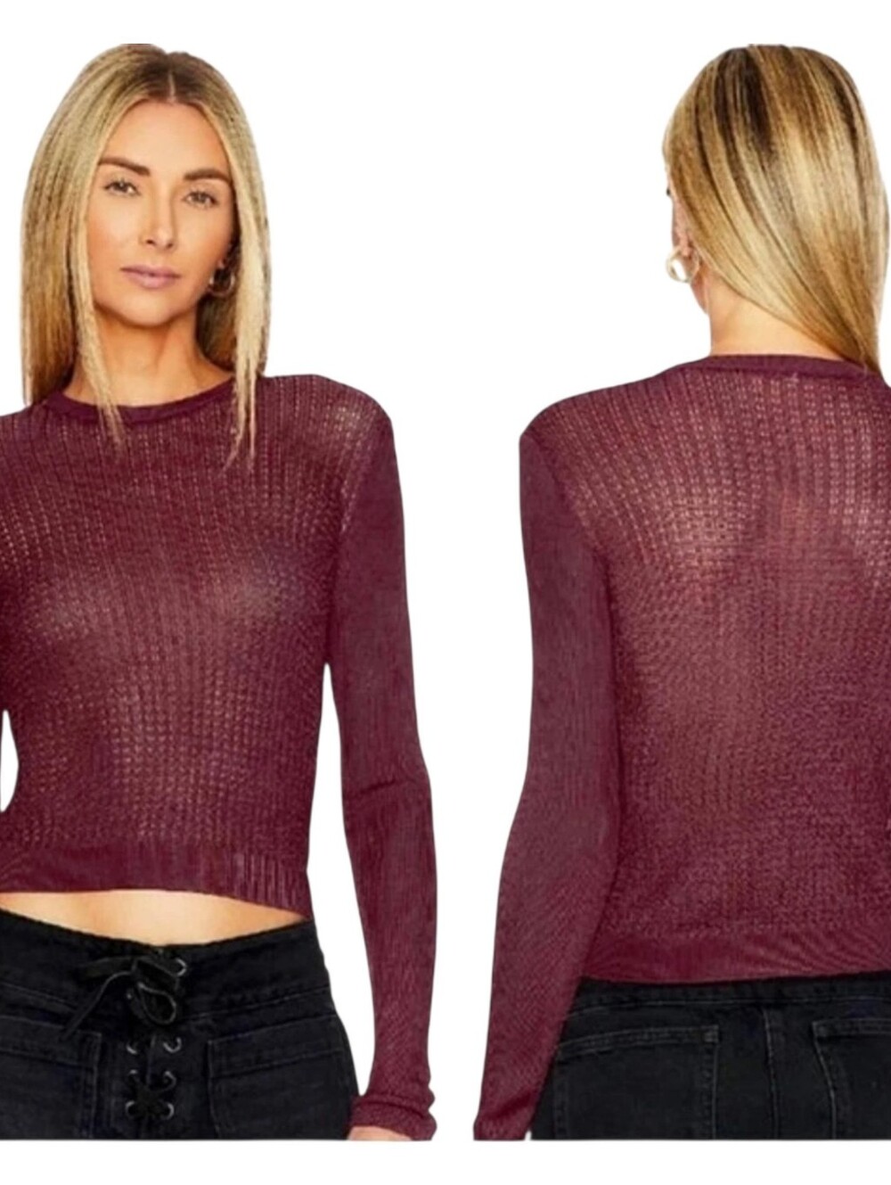 NWT Free People H2O Crewneck Pullover Long Sleeve Sweater Raw Garnet Burgundy XS